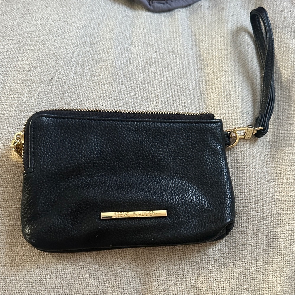 Steve Madden Black Leather Wristlet with Gold Accents